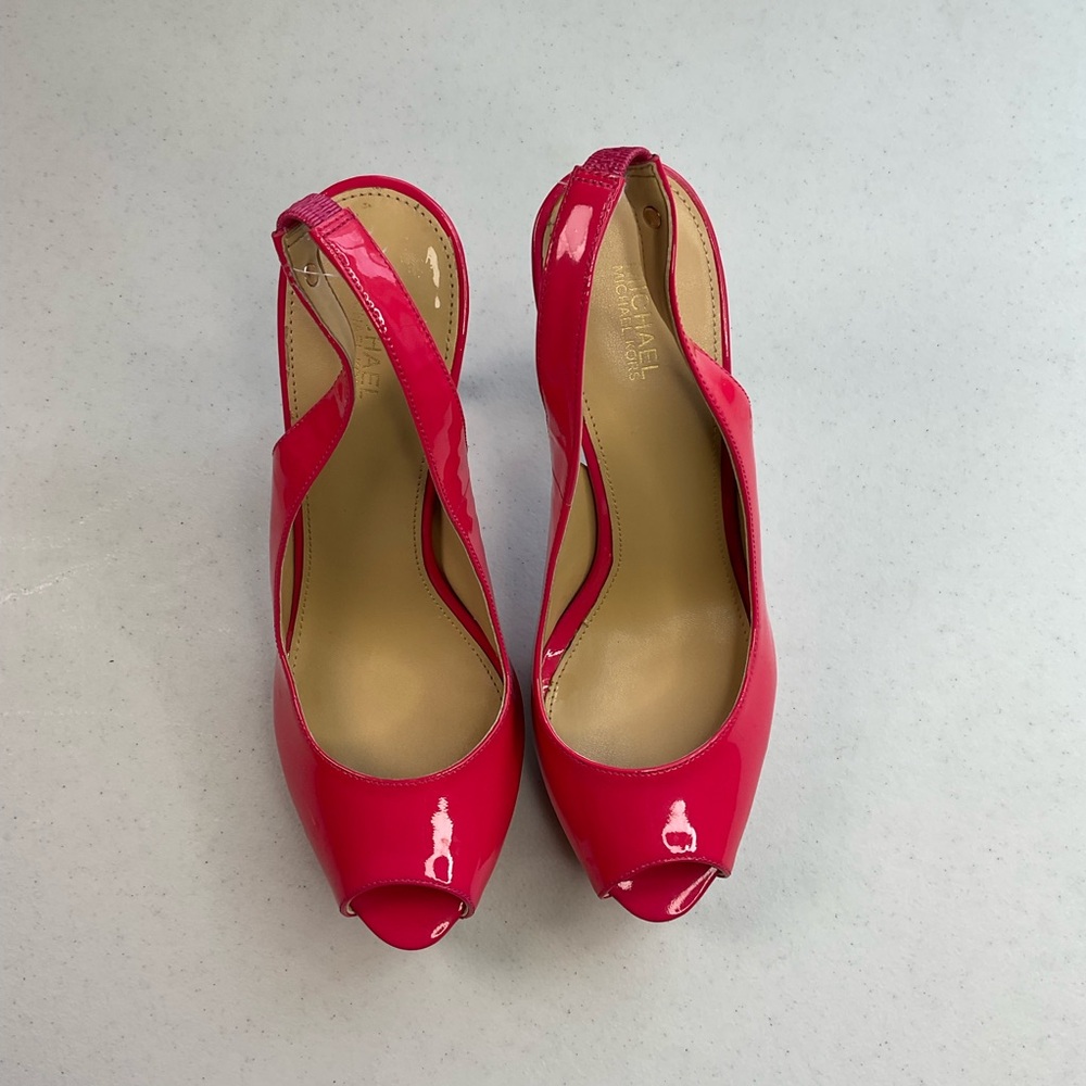 Michael Kors Women's Patent Leather Pink Peep Toe Slingback Heels sassy prom - Picture 3 of 10